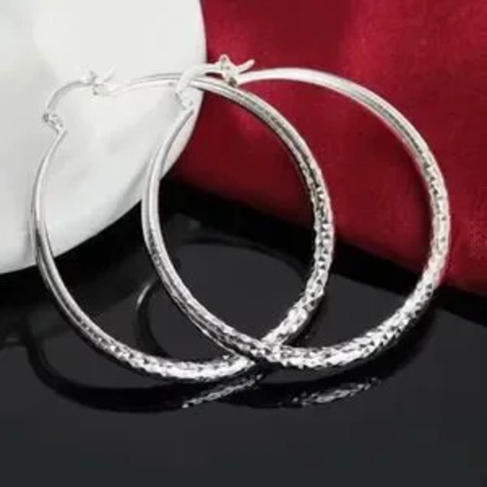 925 Sterling Silver Hoop Earrings 2.5in. Disco 90s Y2K Women's Valentine's Gift